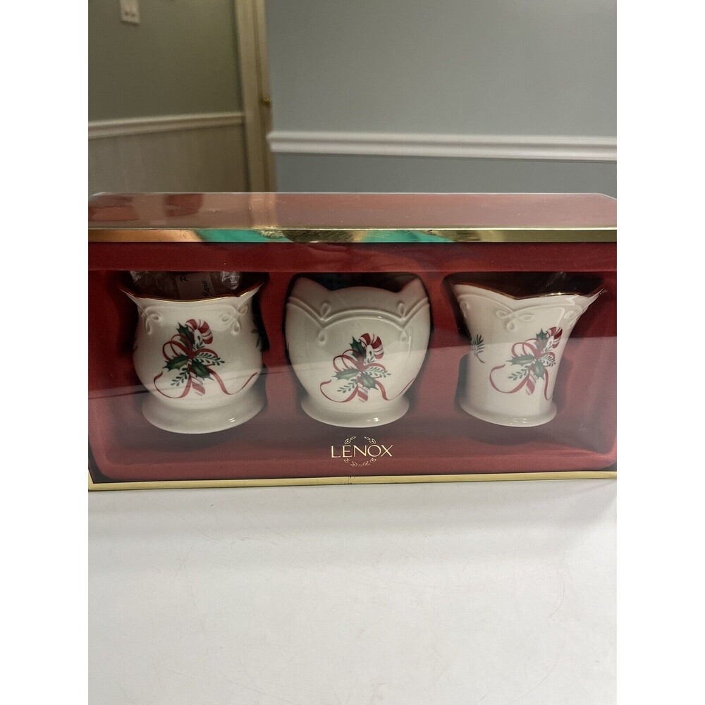Lenox Christmas Holly Berry Ribbon Candle Holder Set of 3 NIB